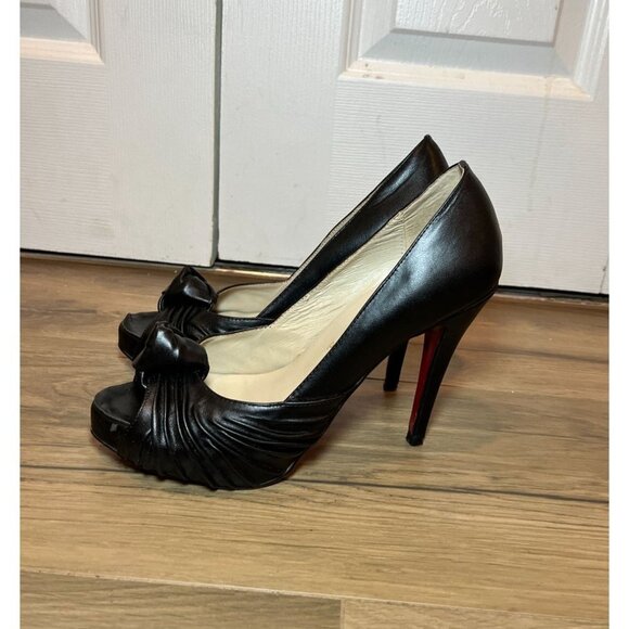 Christian Louboutin Lady Gres Black Leather Peep-Toe Platforms Heels Women 10 - Picture 4 of 13